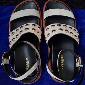 Coach Two-Strap Studded Leather Sandals in White, Black & Brown